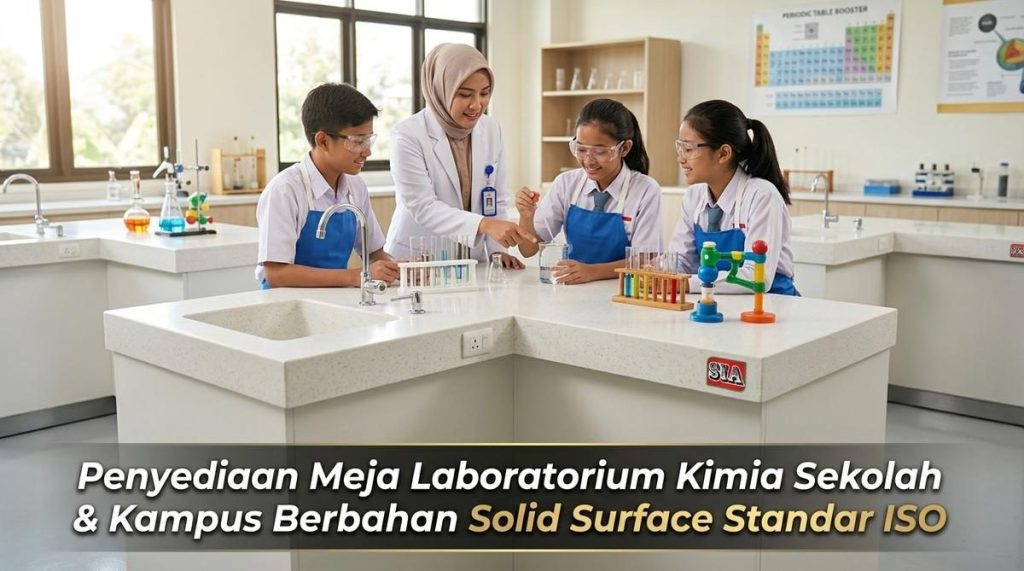 Instalasi meja laboratorium kimia solid surface standar ISO di sekolah dan kampus