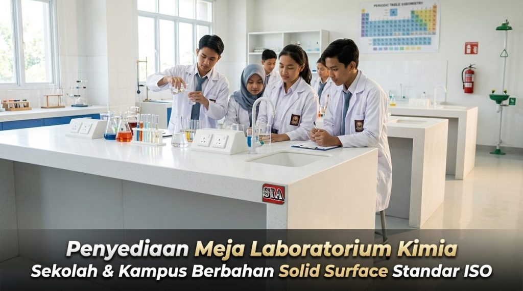 Aktivitas praktikum siswa di atas meja laboratorium kimia berbahan solid surface