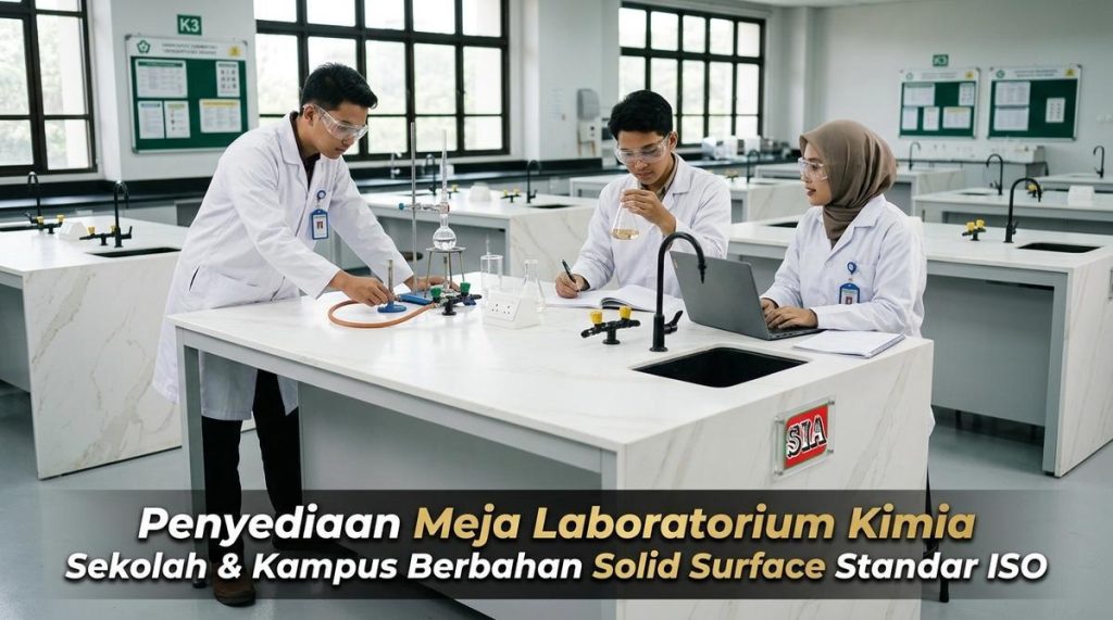 Kolaborasi mahasiswa di meja laboratorium kimia kampus modern berstandar ISO